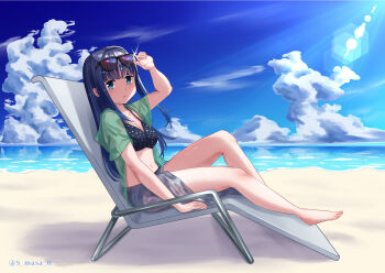 1girl absurdres barefoot beach bikini blue_bikini blue_eyes blue_hair blue_skirt blue_sky blush chair cloud commentary_request day eyewear_lift eyewear_on_head green_shirt highres knee_up lens_flare long_hair looking_at_viewer lounge_chair magia_record:_mahou_shoujo_madoka_magica_gaiden mahou_shoujo_madoka_magica nanami_yachiyo ocean outdoors polka_dot polka_dot_bikini s-masa_7131 sarong see-through_clothes see-through_shirt see-through_skirt shine shirt sitting skirt sky solo sunglasses sunlight sweat swimsuit thighs twitter_username water watermark