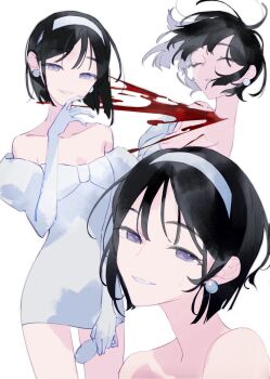 1girl alien_stage bare_shoulders black_hair blood blood_from_neck chest_bow closed_eyes commentary death dress earrings gunshot_wound hairband half-closed_eyes hand_to_own_mouth hashtag-only_commentary head_tilt highres holding holding_microphone jewelry microphone multiple_views off-shoulder_dress off_shoulder pearl_earrings pencil_dress shakya. short_hair smile sua_(alien_stage) white_dress white_hairband
