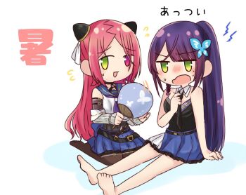 2girls :3 :d adjusting_clothes adjusting_necktie alternate_hairstyle annoyed arm_at_side arm_belt assault_lily bare_arms bare_shoulders barefoot belt belt_buckle black_belt black_choker black_necktie black_shirt blue_background blue_sailor_collar blue_skirt blush braid breasts brown_pantyhose buckle butterfly_hair_ornament choker commentary crop_top detached_collar detached_sleeves fanning flying_sweatdrops foot_out_of_frame funada_kiito green_eyes grey_shirt hair_ornament hairpods hand_fan hand_up hands_up heterochromia high_ponytail holding holding_fan hot layered_sleeves lightning_bolt_symbol long_hair long_sleeves looking_ahead looking_at_another medium_breasts miniskirt motion_lines multiple_girls neckerchief necktie nervous_smile nigari_(ngari_0115) no_jacket no_legwear no_pupils no_shoes nose_blush o-ring o-ring_choker o-ring_thigh_strap odaiba_girls_high_school_uniform open_mouth pantyhose paper_fan parted_bangs pleated_skirt ponytail purple_hair purple_neckerchief raised_eyebrows red_eyes red_hair sailor_collar school_uniform seiza serafuku shiba_tomoshibi shirt side_braid single_braid sitting skirt sleeveless sleeveless_shirt sleeves_past_wrists smile soles strapless strapless_shirt sweat sweatdrop thigh_strap translated two-tone_background uchiwa undershirt v-shaped_eyebrows very_long_hair white_background white_shirt