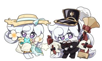 1girl absurdly_long_hair black_capelet black_hairband black_hat black_pantyhose black_skirt blue_ribbon blue_tongue blush_stickers capelet chibi chibi_only closed_mouth colored_skin colored_tongue conch cookie_run cookie_run:_kingdom flower flower_necklace full_body fur-trimmed_capelet fur_trim hair_between_eyes hair_flower hair_ornament hair_ribbon hair_rings hairband hat hat_ribbon highres holding_seashell instrument jacket jewelry lei long_hair looking_at_viewer low_twintails milkalong milky_way_cookie milky_way_cookie_(conductor&#039;s_summer_getaway) milky_way_cookie_(milky_way_resonance) neck_ribbon necklace official_alternate_costume official_alternate_hair_length official_alternate_hairstyle one-piece_swimsuit open_clothes open_jacket open_mouth orange_one-piece_swimsuit pantyhose pleated_skirt pom_pom_(clothes) purple_eyes red_ribbon ribbon seashell shako_cap shell shirt simple_background skirt sleeves_past_fingers sleeves_past_wrists smile star_(symbol) straw_hat sun_hat swimsuit twintails very_long_hair white_background white_hair white_skin yellow_jacket yellow_shirt