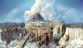artist_request blue_sky bridge castle city cloud day floating_island highres in-universe_location lake mountainous_horizon no_humans official_art outdoors ragnarok_online scenery sky telescope windmill