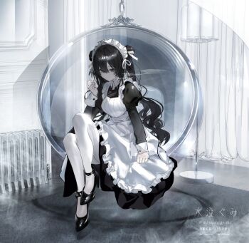 1girl apron ball_chair black_dress black_hair black_shoes breasts closed_mouth commentary curtains dot_mouth dot_nose double_bun dress floor_lamp frilled_apron frilled_headwear frills full_body hair_between_eyes hair_bun hand_up high_heels highres indoors juliet_sleeves knees_up lamp long_hair long_sleeves looking_at_viewer maid maid_apron maid_headdress medium_breasts medium_dress misumigumi original pantyhose puffy_sleeves radiator rug shoes sitting solo twintails twitter_username water watermark white_apron white_pantyhose