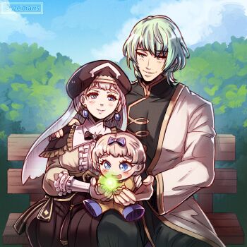 Rule 34 | 1boy, 2girls, artist name, bench, black bow, black hat, blonde hair, blue eyes, blue sky, bow, breasts, closed mouth, cloud, commentary, commission, couple, day, earrings, english commentary, family, father and daughter, fire emblem, fire emblem: three houses, green eyes, green hair, gzei, hair bow, hat, hetero, highres, husband and wife, if they mated, jewelry, long sleeves, male byleth (awakened) (fire emblem), male byleth (enlightened one) (fire emblem), male byleth (fire emblem), mercedes von martritz, mercedes von martritz (timeskip), mother and daughter, multiple girls, nintendo, official alternate hair color, on bench, outdoors, puffy long sleeves, puffy sleeves, second-party source, short hair, sky, smile, toddler, watermark