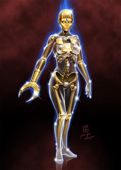 1girl 2024 arms_at_sides artist_name blue_aura blue_gem breasts brown_background character_request closed_mouth commentary_request completely_nude crystal_boy dated forehead_jewel full_body gem genderswap genderswap_(mtf) glint gold_theme gradient_background invisible_floor lips medium_breasts no_pupils nude po-ju reflective_floor robot_girl see-through_body signature skeleton solo space_adventure_cobra standing variant_set