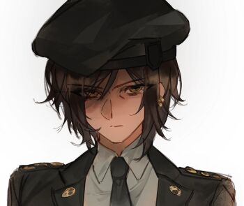 1girl 54ux black_hat black_jacket black_necktie blazer brown_hair buttons chinese_commentary collared_shirt commentary_request dark-skinned_female dark_skin earrings expressionless hat highres jacket jewelry limbus_company looking_at_viewer military_dress_uniform military_hat military_uniform necktie outis_(project_moon) parted_bangs portrait project_moon shirt short_hair sidelocks simple_background solo white_background white_shirt yellow_eyes