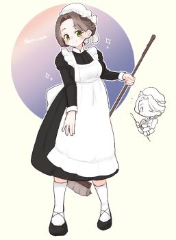 1girl apron black_dress black_shoes blush broom brown_hair closed_mouth commentary_request doodle_inset dress full_body green_eyes hat highres holding holding_broom long_hair long_sleeves looking_at_viewer maid maid_apron mob_cap multiple_views olto_rondo original shoes smile socks white_apron white_hat white_socks yellow_background