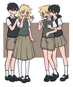 2boys 2girls absurdres antenna_hair artist_name basil_(faraway)_(omori) basil_(omori) black_eyes black_hair black_shoes black_sweater_vest blonde_hair blue_eyes blush bright_pupils brown_shorts brown_skirt closed_mouth collared_shirt double-parted_bangs expressionless flower genderswap genderswap_(mtf) green_sweater_vest hair_between_eyes hair_flower hair_ornament highres hug hug_from_behind loafers long_skirt looking_at_another low_twintails medium_hair multiple_boys multiple_girls mumucol omori one_eye_closed open_mouth pleated_skirt shirt shoes short_hair short_sleeves short_twintails shorts sidelocks skirt smile socks sunny_(omori) sweater_vest teeth thighhighs twintails upper_teeth_only white_pupils white_shirt white_socks white_thighhighs