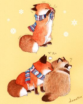 ? animal animal_focus artist_name blue_scarf commentary_request fox highres konatsu_tunacan no_humans original scarf snowflakes tanuki yellow_eyes