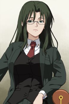 1girl asougi_rin breasts expressionless formal_clothes glasses green_eyes green_hair highres large_breasts legs long_hair looking_at_viewer mature_female mnemosyne office_lady pants solo thighs