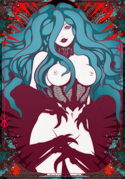 1girl aqua_eyes aqua_hair behelit berserk black_corset breasts collar corset demon_girl demon_wings highres kwnblack large_breasts long_hair looking_at_viewer metal_collar nipples slan_(berserk) solo very_long_hair wings