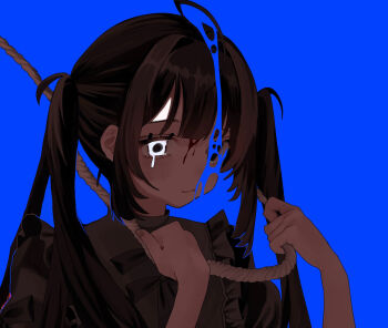 1girl black_dress black_eyes black_hair black_ribbon blood blood_on_face blue_background closed_mouth dress hair_intakes hanataro_(sruvhqkehy1zied) hands_up heterochromia highres holding holding_rope imminent_suicide light_blush long_hair noose original puffy_short_sleeves puffy_sleeves ribbon rope short_sleeves simple_background solo twintails upper_body white_eyes
