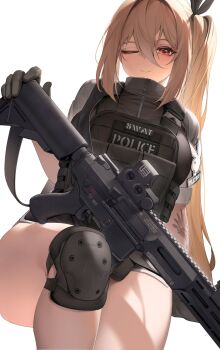1girl ar-15 arm_tattoo assault_rifle black_gloves black_shirt black_shorts breasts brown_hair bulletproof_vest closed_mouth commission dolphin_shorts eotech gloves gun hair_between_eyes hair_ribbon highres knee_pads large_breasts long_hair looking_at_viewer micro_shorts nine_(kanine41) one_eye_closed original playboy police police_uniform policewoman rail_(weapon) red_eyes ribbon rifle s.w.a.t. shirt short_shorts short_sleeves shorts side_ponytail simple_background sitting smile solo tattoo thighs very_long_hair vest weapon white_background wink zipper