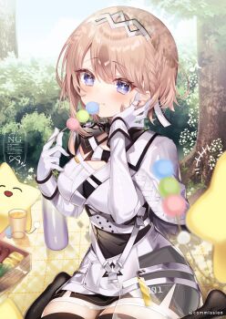 +_+ 1girl black_skirt blue_eyes braid breasts brown_hair bush campanella_(vtuber) capelet chi_no commentary commission cup dango elbow_gloves food gloves half_crown_braid hands_up headpiece highres indie_virtual_youtuber medium_breasts medium_hair outdoors picnic picnic_blanket sanshoku_dango shirt side_capelet skeb_commission skirt sky solo symbol-only_commentary tree virtual_youtuber wagashi watermark white_capelet white_gloves white_shirt white_wrist_cuffs wrist_cuffs