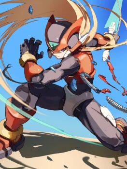 1boy absurdres armor black_eyes blonde_hair blue_background commentary_request energy_sword forehead_jewel helmet highres holding holding_sword holding_weapon long_hair male_focus mega_man_(series) mega_man_zero_(series) omochi_(mochi_skymega) red_armor red_helmet slashing solo standing sword weapon z_saber zero(z)_(mega_man) zero_(mega_man)