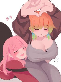 2girls alternate_costume blush breasts couple earrings feather_earrings feathers female_pervert highres hololive hololive_english jewelry large_breasts long_hair long_sleeves mori_calliope multicolored_hair multiple_girls open_mouth pervert pink_hair simple_background takanashi_kiara viqur virtual_youtuber white_background wife_and_wife yuri