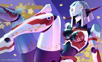 0_sw_0 1girl blue_eyes blunt_bangs bob_cut breasts floral_background floral_print forehead_jewel highres humanoid_robot joints legs_up mecha_musume medium_breasts momo_(optune) nipples no_humans no_mouth no_pupils non-web_source original purple_background reclining robot robot_girl robot_joints signature solo source_request sweatdrop thighhighs white_hair white_thighhighs