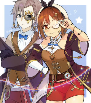 1boy 1girl ;) atelier_(series) atelier_ryza atelier_ryza_1 bare_shoulders beret black_coat black_gloves black_ribbon blue_background blue_bow blue_bowtie blue_eyes blush border bow bowtie breasts brown_eyes brown_hair brown_vest closed_mouth coat collared_shirt commentary_request cosplay cowboy_shot crossed_arms empel_vollmer empel_vollmer_(cosplay) frown gloves grey_hair hair_ornament hair_ribbon hairclip hand_on_own_hip hand_up hat highres light_particles long_sleeves looking_at_viewer medium_breasts monocle muratoamado one_eye_closed open_clothes open_coat outside_border red_shorts reisalin_stout ribbon shirt short_hair shorts side-by-side simple_background sleeveless sleeveless_shirt smile sparkle star_(symbol) star_hair_ornament tsurime twitter_username v-shaped_eyebrows vest white_border white_hat white_shirt wide_sleeves