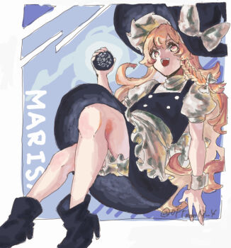 Rule 34 | 1girl, apron, black shoes, black skirt, black vest, blonde hair, bow, braid, character name, collared shirt, frilled apron, frills, hair bow, high heels, holding, kirisame marisa, long hair, mini-hakkero, oftooon, open mouth, puffy short sleeves, puffy sleeves, shirt, shoes, short sleeves, side braid, single braid, skirt, smile, solo, touhou, turtleneck, turtleneck shirt, very long hair, vest, white apron, white bow, white shirt, yellow eyes