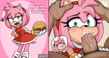 2koma amy_rose awkward bad_tag bigbigkaro blush boots burger comic cum cum_in_mouth dress eating_cum fang fellatio female food green_eyes hairband highres legs medium_hair oral penis pink_fur pink_hair pov pubic_hair sega sonic_(series) tail tears testicles