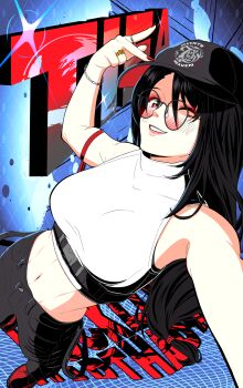 Rule 34 | 1girl, absurdres, alternate costume, baseball cap, bespectacled, black hair, black pants, bracelet, breasts, casual, character name, commentary request, crop top, final fantasy, final fantasy vii, final fantasy vii remake, glasses, grin, hat, highres, jewelry, large breasts, long hair, looking at viewer, may (may lee8), midriff, navel, one eye closed, pants, red eyes, red nails, ring, smile, solo, stomach, suspenders, tifa lockhart, tinted eyewear, v, very long hair