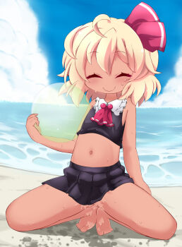 1girl alternate_skin_color ball bare_shoulders barefoot beach beachball black_skirt blonde_hair blue_sky closed_eyes closed_mouth cloud commentary_request commission crop_top dark-skinned_female dark_skin day facing_viewer full_body holding holding_ball holding_beachball horizon kneeling large_variant_set loli midriff miniskirt muuba navel ocean outdoors pussy_juice rumia short_hair skeb_commission skirt sky smile solo spread_legs sweat tan tiptoes touhou variant_set water