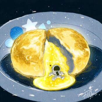 1other artist_name astronaut cheese cheese_in_hamburg commentary fish flying_fish food food_focus gloves helmet highres in_food kazunoko_(kazunoko_zunoco) lying mini_person moon on_back original plate sauce signature solo space space_helmet spacesuit star_(sky) star_(symbol) steak white_gloves