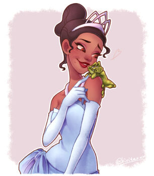 1boy 1girl black_hair blonde_hair brown_eyes brown_hair dark-skinned_female dark_skin dress earrings frog gloves jewelry kiri_futoshi long_hair looking_at_viewer smile the_princess_and_the_frog_(disney) tiana_(the_princess_and_the_frog)