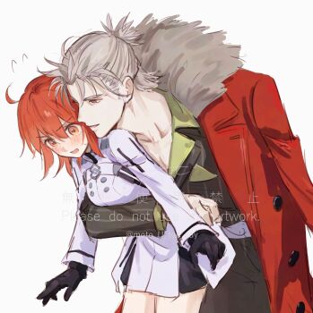 Rule 34 | 1boy, 1girl, ahoge, black gloves, blush, chaldea logo, coat, coat on shoulders, dress, fate/grand order, fate (series), fomnant, formal clothes, fujimaru ritsuka (female), fujimaru ritsuka (female) (decisive battle chaldea uniform), fur-trimmed coat, fur trim, gloves, grey eyes, grey hair, half updo, highres, holding, hug, jacket, long sleeves, medium hair, orange eyes, orange hair, pinstripe jacket, pinstripe pattern, pinstripe suit, pocket square, red coat, short hair, smile, suit, takeda shingen (fate), takeda shingen (first ascension) (fate), two-sided coat, two-sided fabric, white dress