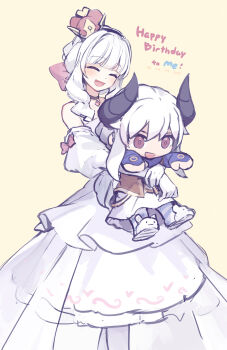 Rule 34 | 1girl, ^ ^, asicah, asta (asicah), bare shoulders, bird, bow, character doll, closed eyes, commentary, crow, dated, dioreta (asicah), doll, dress, elbow gloves, english text, feet out of frame, gloves, hair bow, happy birthday, highres, hugging doll, hugging object, long hair, open mouth, original, pendant choker, simple background, smile, solo, standing, strapless, strapless dress, untranslatable commentary, white dress, white gloves, yellow background