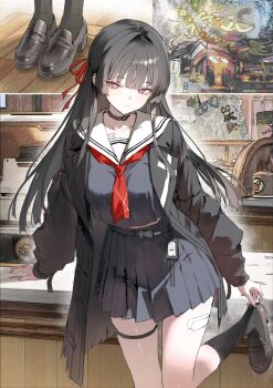 1girl adjusting_footwear black_choker black_hair black_jacket black_shirt black_skirt black_socks breasts bright_pupils chisa_(wuthering_waves) choker closed_mouth collarbone hair_ribbon haku89 highres jacket long_hair long_sleeves medium_breasts neckerchief red_eyes red_neckerchief red_ribbon ribbon sailor_collar shirt skirt socks thigh_strap thighs unfinished white_pupils white_sailor_collar wuthering_waves