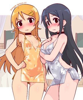 2girls alternate_costume aragaki_ayase bare_arms bare_shoulders black_choker black_eyes black_hair blush breasts choker cleavage closed_mouth commentary covered_navel cowboy_shot dress eyeshadow fanbox_username grey_dress hair_ornament hairclip hand_on_own_hip kousaka_kirino lipstick long_hair looking_at_viewer makeup medium_breasts microdress multiple_girls nail_polish o-ring orange_dress orange_hair ore_no_imouto_ga_konna_ni_kawaii_wake_ga_nai plunging_neckline pongldr red_lips side-by-side side_slit sleeveless sleeveless_dress small_breasts sweatdrop v-shaped_eyebrows watermark web_address