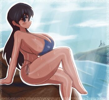 1girl arato_nagi barefoot bikini blue_bikini blue_eyes blue_eyeshadow breasts cleavage closed_mouth cloud earrings eyeshadow from_side gigantic_breasts jewelry long_hair looking_at_viewer miks381 outdoors outline ribbon ruri_no_houseki sideboob signature sitting sky solo sweat swimsuit thighs water white_outline