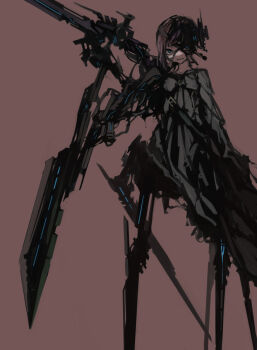 129adam 1girl brown_background brown_hair dress machine mecha_musume mechanical_arms mechanical_legs mechabare original science_fiction solo weapon