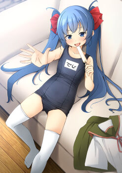 1girl bed blue_eyes blue_hair blue_one-piece_swimsuit borrowed_character commentary_request commission competition_school_swimsuit couch digitan feet_out_of_frame flat_chest food green_sailor_collar green_skirt hair_ribbon long_hair lying name_tag one-piece_swimsuit original pillow pleated_skirt popsicle red_ribbon ribbon sailor_collar sailor_shirt school_swimsuit school_uniform serafuku shibacha shirt skeb_commission skirt solo swimsuit thighhighs twintails unworn_clothes unworn_skirt very_long_hair white_shirt white_thighhighs