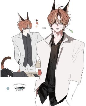1boy animal_ears black_shirt brown_hair cat_boy cat_ears cat_tail dmdrk_(ha_ha) green_eyes hands_in_pockets highres jacket looking_at_viewer male_focus mouth_hold multiple_views original shirt short_hair simple_background stalk_in_mouth tail white_background white_jacket