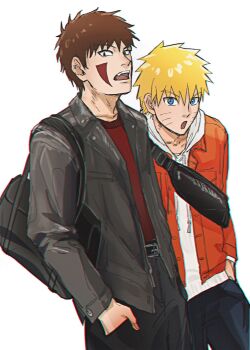 Rule 34 | 2boys, :o, bag, black jacket, blonde hair, blue eyes, brown hair, casual, commentary request, facial mark, facial tattoo, hand in pocket, handbag, highres, hood, hoodie, inuzuka kiba, jacket, jacket over hoodie, leather, leather jacket, male focus, multiple boys, naruto (series), naruto shippuuden, notane n, open mouth, orange jacket, tattoo, uzumaki naruto, whisker markings, white hoodie