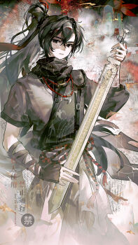 1boy absurdres asymmetrical_sleeves belt bird black_eyes black_hair black_scarf chinese_clothes closed_mouth crossed_bangs fingernails hair_between_eyes high_ponytail highres holding holding_sword holding_weapon jewelry leaf long_hair looking_at_viewer male_focus maple_leaf mismatched_sleeves mountain ne_muri necklace original ponytail scar scar_on_face scarf sheath sidelocks single_shoulder_pad solo standing swallow_(bird) sword watermark weapon