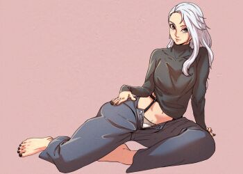 1girl absurdres alternate_costume arm_support barefoot black_eyes black_nails black_sweater chuckuddin closed_mouth commentary denim earrings english_commentary female_pubic_hair full_body garter_belt grey_hair hand_on_own_hip highres jeans jewelry lips long_hair long_sleeves looking_at_viewer nail_polish navel niijima_sae paid_reward_available panties pants persona persona_5 pink_background pubic_hair pubic_hair_peek simple_background sitting solo sweater teardrop_earrings toenail_polish toenails toes underwear unzipped