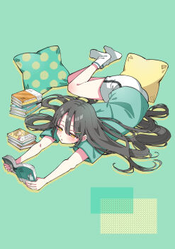 1girl absurdres bare_arms bare_legs black_hair blush book book_stack commentary_request cushion green_background green_shirt highres holding holding_book long_hair maria_komaki original reading shirt shorts socks solo very_long_hair white_shorts white_socks yellow_eyes