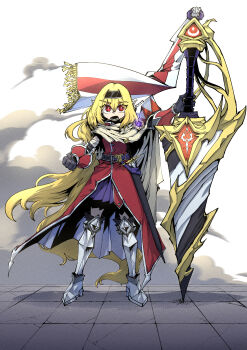 1girl absurdly_long_hair absurdres arm_guards armored_boots bandaged_arm bandages belt black_gloves blonde_hair boots cape clenched_hand coat crossed_bangs dust elf full_body geonbanmaen gloves hair_between_eyes hairband highres lance long_hair looking_at_viewer open_mouth original pleated_skirt pointy_ears polearm purple_skirt red_coat red_eyes sharp_teeth sheath sheathed sidelocks skirt sleeveless sleeveless_coat solo standing sword teeth tile_floor tiles very_long_hair weapon