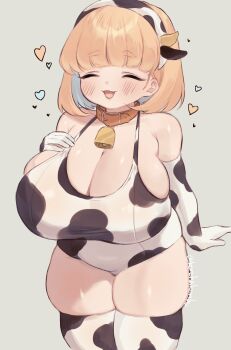 1girl animal_ear_hairband animal_ears animal_print belt_collar blue_hair blush bob_cut breasts choker cleavage closed_eyes collar colored_inner_hair cow_ear_hairband cow_ears cow_horns cow_print cow_print_gloves cow_print_one-piece_swimsuit cow_print_thighhighs cowbell elbow_gloves fake_animal_ears fake_horns gloves grey_background hairband hand_on_own_chest heart highres horn_hairband horns huge_breasts korehakonbu multicolored_hair neck_bell one-piece_swimsuit open_mouth orange_hair original plump print_gloves print_thighhighs red_choker short_hair skindentation smile solo swimsuit thick_thighs thighhighs thighs twitter_username