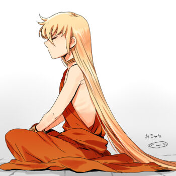 1boy alternate_costume androgynous bare_shoulders bindi blonde_hair bracelet casual closed_eyes expressionless eyelashes facial_mark forehead_mark from_side gold_bracelet indian_clothes indian_style jewelry long_hair male_focus mizuhara_aki neck_ring on_ground profile saint_seiya sitting solo u_u very_long_hair virgo_shaka