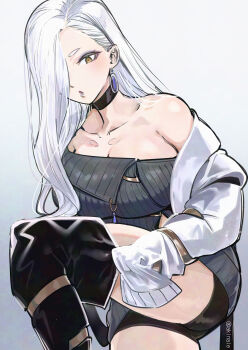 1girl absurdres akinaie bare_shoulders black_shorts black_thighhighs blue_lips blush breasts choker cleavage commentary_request dress earrings eyeliner fate/grand_order fate_(series) grey_dress hair_over_one_eye highres hoop_earrings jacket jewelry large_breasts long_hair long_sleeves looking_at_viewer makeup mrs._snake_(fate) off_shoulder short_shorts shorts solo sweater sweater_dress tassel thighhighs thighs white_hair white_jacket yellow_eyes