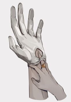 2boys buttons ciel_phantomhive clothing_cutout disembodied_hand fingernails gem glove_cutout gloves gold gold_ring grey_background hand_focus hand_in_another&#039;s_glove hand_on_another&#039;s_wrist hand_size_difference highres jewelry kuroshitsuji male_focus middle_ring multiple_boys orange_gemstone ornate_ring pale_skin ring sebastian_michaelis simple_background uneasywolf white_gloves yaoi