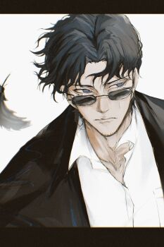 1boy absurdres black_border black_feathers black_hair border breast_pocket collarbone collared_shirt dress_shirt falling_feathers feathers formal_clothes grey_eyes highres jacket kagurabachi letterboxed looking_over_eyewear looking_to_the_side male_focus pocket samura_seiichi scar_across_eyes shirt short_hair simple_background solo suit suit_jacket sunglasses upper_body whalebone_1022 white_background white_shirt