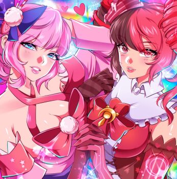 Rule 34 | 2girls, arm behind head, asymmetrical gloves, blue eyes, blunt bangs, bow, breasts, brown eyes, brown gloves, brown hair, cleavage, commentary, detached sleeves, dress, drill hair, english commentary, gloves, heart, heart-shaped pupils, heterochromia, highres, holding hands, interlocked fingers, japanese clothes, lolita fashion, looking at viewer, luna snow, luna snow (cherry delight), marvel, marvel rivals, medium breasts, mingway, mismatched gloves, multicolored hair, multiple girls, official alternate costume, parted lips, pink bow, pink dress, pink eyes, pink gloves, pink hair, pink lips, psylocke, psylocke (daring daifuku), purple bow, red dress, red gloves, short hair, smile, split-color hair, sweet lolita, symbol-shaped pupils, upper body, wa lolita, x-men