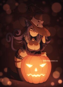 Rule 34 | 00s, 1girl, animal ears, blair (soul eater), breasts, cat, cat ears, cat tail, cleavage, cleavage cutout, clothing cutout, dav-19, female focus, hat, jack-o'-lantern, kneeling, large breasts, pumpkin, purple hair, short shorts, shorts, solo, soul eater, tail, witch hat