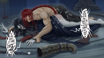 1boy 1girl absurdres black_hair blue_eyes blush closed_eyes clothed_sex colored_skin defeat elden_ring english_text fromsoftware hetero highres iiimp instant_loss long_hair looking_at_viewer lying lying_on_person muscular muscular_male on_person open_mouth pale_skin prone_bone radagon_of_the_golden_order red_hair rennala_queen_of_the_full_moon sex sex_from_behind slap_mark speech_bubble sword trembling weapon white_skin