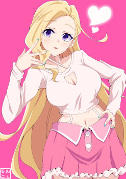 1girl absurdres blonde_hair breasts cleavage cleavage_cutout clothing_cutout commentary_request hand_on_own_hip heart highres ikizulive!_love_live!_bluebird konohana_aurora large_breasts light_blush long_hair long_sleeves looking_at_viewer love_live! midriff navel oshiruko_kizoku pink_background pink_skirt purple_eyes shirt skirt solo white_shirt