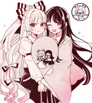 3girls ;d balloon blush bow character_print closed_mouth commentary_request cowboy_shot crossed_arms fujiwara_no_mokou hair_bow heart holding_hands houraisan_kaguya long_hair long_sleeves looking_at_viewer mozukuzu_(manukedori) multiple_girls multiple_hair_bows one_eye_closed open_mouth pants shameimaru_aya simple_background smile touhou translation_request very_long_hair white_background wide_sleeves yuri